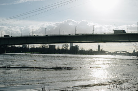 COLOGNE, GERMANY - JANUARY 17, 2023: High water after heavy rainfall and snow melting in Rheinland.のeditorial素材