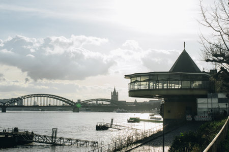 COLOGNE, GERMANY - JANUARY 17, 2023: High water after heavy rainfall and snow melting in Rheinland.のeditorial素材