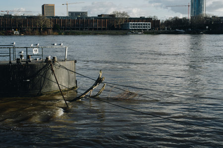 COLOGNE, GERMANY - JANUARY 17, 2023: High water after heavy rainfall and snow melting in Rheinland.のeditorial素材