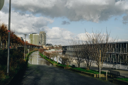 COLOGNE, GERMANY - JANUARY 17, 2023: High water after heavy rainfall and snow melting in Rheinland.のeditorial素材