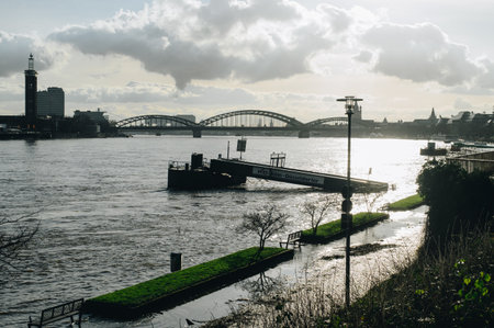 COLOGNE, GERMANY - JANUARY 17, 2023: High water after heavy rainfall and snow melting in Rheinland.のeditorial素材