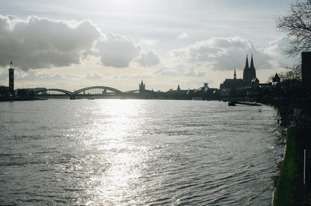 COLOGNE, GERMANY - JANUARY 17, 2023: High water after heavy rainfall and snow melting in Rheinland.のeditorial素材