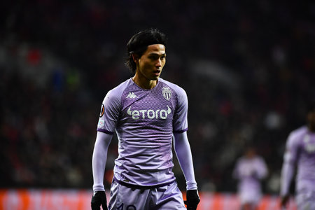 LEVERKUSEN, GERMANY - 16.02.23: Takumi Minamino. The match of match UEFA Europa League Bayer 04 Leverkusen vs AS Monaco FC at Bayarenaのeditorial素材