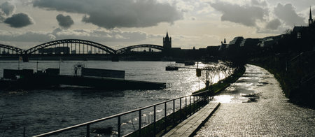 COLOGNE, GERMANY - JANUARY 17, 2023: High water after heavy rainfall and snow melting in Rheinland.のeditorial素材