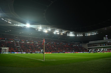 LEVERKUSEN, GERMANY - 16.02.23: The match of match UEFA Europa League Bayer 04 Leverkusen vs AS Monaco FC at Bayarenaのeditorial素材