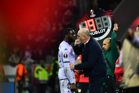 LEVERKUSEN, GERMANY - 16.02.23: The match of match UEFA Europa League Bayer 04 Leverkusen vs AS Monaco FC at Bayarenaのeditorial素材