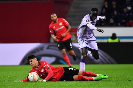 LEVERKUSEN, GERMANY - 16.02.23: Piero Hincapie vs Krepin Diatta. The match of match UEFA Europa League Bayer 04 Leverkusen vs AS Monaco FC at Bayarenaのeditorial素材
