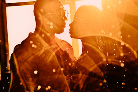 Young woman and man enjoying bathing relaxed. Sunset.の写真素材