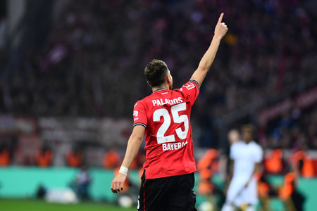 LEVERKUSEN, GERMANY - 19.03.23: Exequiel Palacios celebrating his goal. The Bundesliga match FC Bayer 04 Leverkusen vs FC Bayern Muenchen at BayArenaのeditorial素材