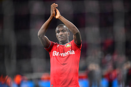 LEVERKUSEN, GERMANY - 19.03.23: Moussa Diaby after the Bundesliga match FC Bayer 04 Leverkusen vs FC Bayern Muenchen at BayArenaのeditorial素材