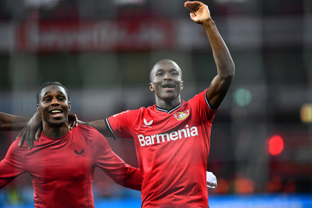LEVERKUSEN, GERMANY - 19.03.23: Moussa Diaby, Jeremie Frimpong after the Bundesliga match FC Bayer 04 Leverkusen vs FC Bayern Muenchen at BayArenaのeditorial素材