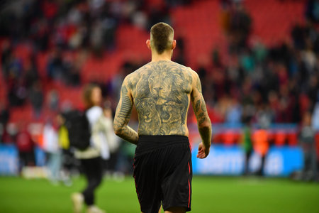LEVERKUSEN, GERMANY - 23.04.23: Tattoo Robert Andrich. The Bundesliga match FC Bayer 04 Leverkusen vs Red Bull Leipzig at BayArenaのeditorial素材