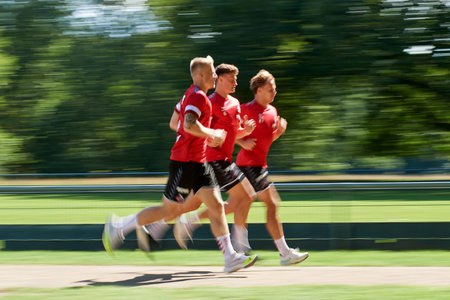 COLOGNE, GERMANY - 2 August, 2023: Kristian Pedersen, Eric Martel, Mathias Olesen. Practice of 1.FC...