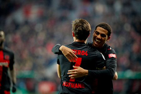 LEVERKUSEN, GERMANY - 06.12.23: Jonas Hofmann, Amin Adli, The DFB Pokal match FC Bayer 04 Leverkusen vs SC Padeborn at BayArenaのeditorial素材