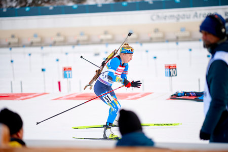 RUHPOLDING, GERMANY - 12 JANUARY, 2024: KYPIACHENKOVA Liubov, Women sprint. Ruhpolding Biathlon World Cup 2024 at Chiemgau Arenaのeditorial素材