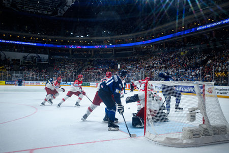 PRAGUE, CZECH REPUBLIC - MAY 20, 2024: The game of IIHF 2024 Ice Hockey World Championship Finland -...