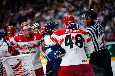 PRAGUE, CZECH REPUBLIC - MAY 20, 2024: The game of IIHF 2024 Ice Hockey World Championship Finland - Denmark at O2 Arenaのeditorial素材
