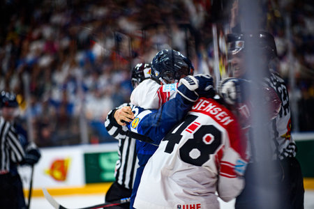 PRAGUE, CZECH REPUBLIC - MAY 20, 2024: The game of IIHF 2024 Ice Hockey World Championship Finland - Denmark at O2 Arenaのeditorial素材