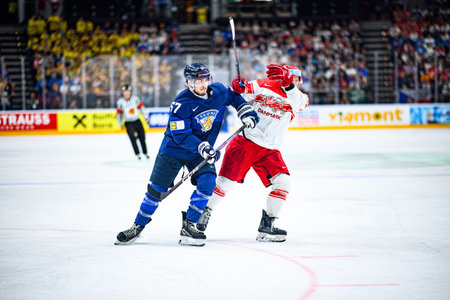 PRAGUE, CZECH REPUBLIC - MAY 20, 2024: The game of IIHF 2024 Ice Hockey World Championship Finland - Denmark at O2 Arenaのeditorial素材