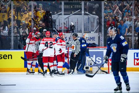 PRAGUE, CZECH REPUBLIC - MAY 20, 2024: The game of IIHF 2024 Ice Hockey World Championship Finland - Denmark at O2 Arenaのeditorial素材