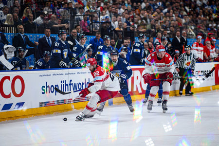 PRAGUE, CZECH REPUBLIC - MAY 20, 2024: The game of IIHF 2024 Ice Hockey World Championship Finland - Denmark at O2 Arenaのeditorial素材