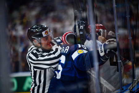 PRAGUE, CZECH REPUBLIC - MAY 20, 2024: The game of IIHF 2024 Ice Hockey World Championship Finland - Denmark at O2 Arenaのeditorial素材
