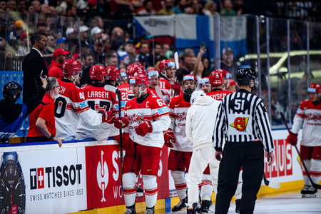 PRAGUE, CZECH REPUBLIC - MAY 20, 2024: The game of IIHF 2024 Ice Hockey World Championship Finland - Denmark at O2 Arenaのeditorial素材