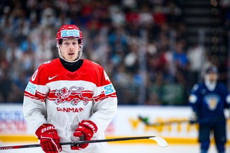 PRAGUE, CZECH REPUBLIC - MAY 20, 2024: The game of IIHF 2024 Ice Hockey World Championship Finland - Denmark at O2 Arenaのeditorial素材