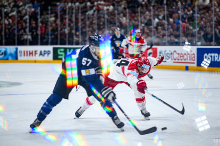PRAGUE, CZECH REPUBLIC - MAY 20, 2024: The game of IIHF 2024 Ice Hockey World Championship Finland - Denmark at O2 Arenaのeditorial素材