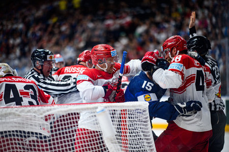 PRAGUE, CZECH REPUBLIC - MAY 20, 2024: The game of IIHF 2024 Ice Hockey World Championship Finland - Denmark at O2 Arenaのeditorial素材