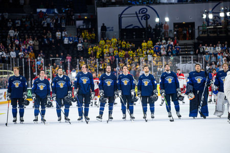 PRAGUE, CZECH REPUBLIC - MAY 20, 2024: The game of IIHF 2024 Ice Hockey World Championship Finland - Denmark at O2 Arenaのeditorial素材