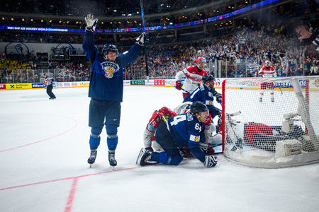 PRAGUE, CZECH REPUBLIC - MAY 20, 2024: The game of IIHF 2024 Ice Hockey World Championship Finland - Denmark at O2 Arenaのeditorial素材