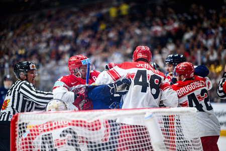PRAGUE, CZECH REPUBLIC - MAY 20, 2024: The game of IIHF 2024 Ice Hockey World Championship Finland - Denmark at O2 Arenaのeditorial素材