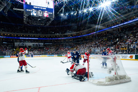 PRAGUE, CZECH REPUBLIC - MAY 20, 2024: The game of IIHF 2024 Ice Hockey World Championship Finland -...