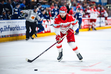 PRAGUE, CZECH REPUBLIC - MAY 20, 2024: The game of IIHF 2024 Ice Hockey World Championship Finland - Denmark at O2 Arenaのeditorial素材