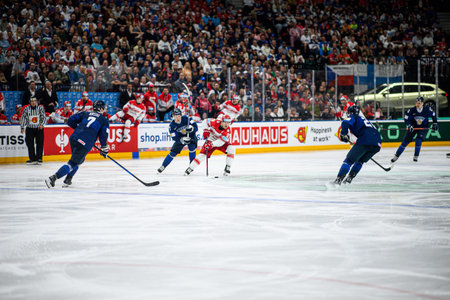 PRAGUE, CZECH REPUBLIC - MAY 20, 2024: The game of IIHF 2024 Ice Hockey World Championship Finland - Denmark at O2 Arenaのeditorial素材