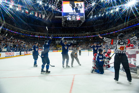 PRAGUE, CZECH REPUBLIC - MAY 20, 2024: The game of IIHF 2024 Ice Hockey World Championship Finland - Denmark at O2 Arenaのeditorial素材