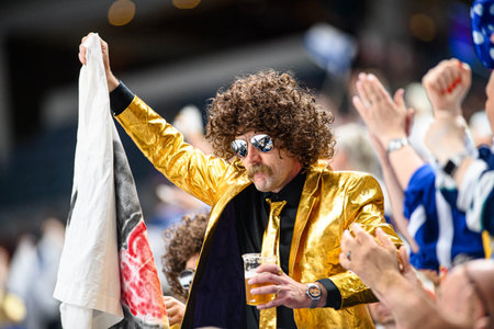 PRAGUE, CZECH REPUBLIC - MAY 20, 2024: The game of IIHF 2024 Ice Hockey World Championship Finland - Denmark at O2 Arenaのeditorial素材