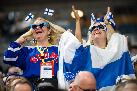 PRAGUE, CZECH REPUBLIC - MAY 20, 2024: The game of IIHF 2024 Ice Hockey World Championship Finland - Denmark at O2 Arenaのeditorial素材