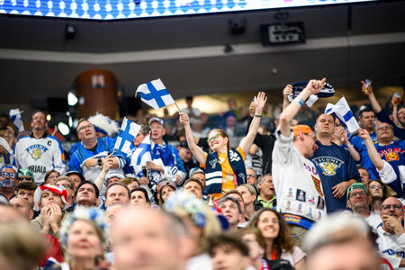 PRAGUE, CZECH REPUBLIC - MAY 20, 2024: The game of IIHF 2024 Ice Hockey World Championship Finland - Denmark at O2 Arenaのeditorial素材