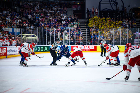 PRAGUE, CZECH REPUBLIC - MAY 20, 2024: The game of IIHF 2024 Ice Hockey World Championship Finland - Denmark at O2 Arenaのeditorial素材