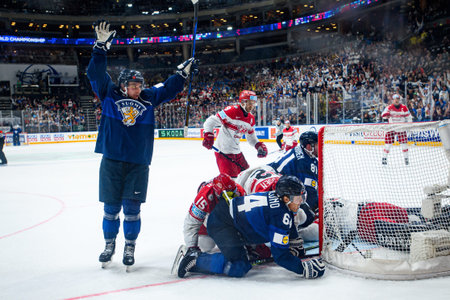 PRAGUE, CZECH REPUBLIC - MAY 20, 2024: The game of IIHF 2024 Ice Hockey World Championship Finland - Denmark at O2 Arenaのeditorial素材