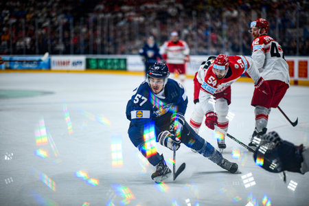PRAGUE, CZECH REPUBLIC - MAY 20, 2024: The game of IIHF 2024 Ice Hockey World Championship Finland - Denmark at O2 Arenaのeditorial素材