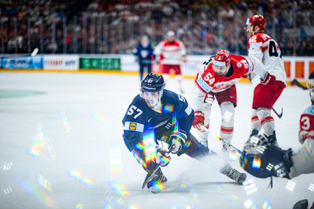 PRAGUE, CZECH REPUBLIC - MAY 20, 2024: The game of IIHF 2024 Ice Hockey World Championship Finland - Denmark at O2 Arenaのeditorial素材