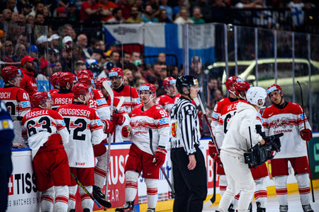 PRAGUE, CZECH REPUBLIC - MAY 20, 2024: The game of IIHF 2024 Ice Hockey World Championship Finland - Denmark at O2 Arenaのeditorial素材