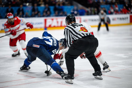 PRAGUE, CZECH REPUBLIC - MAY 20, 2024: The game of IIHF 2024 Ice Hockey World Championship Finland - Denmark at O2 Arenaのeditorial素材