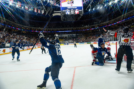 PRAGUE, CZECH REPUBLIC - MAY 20, 2024: The game of IIHF 2024 Ice Hockey World Championship Finland - Denmark at O2 Arenaのeditorial素材