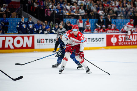 PRAGUE, CZECH REPUBLIC - MAY 20, 2024: The game of IIHF 2024 Ice Hockey World Championship Finland -...