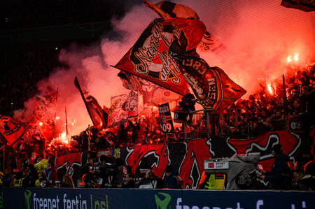 LEVERKUSEN, GERMANY - 5 FEBRUARY, 2025: - The match of Germany Cup (DFB Pokal) Bayer 04 Leverkusen vs 1.FC Koeln at BayArena.のeditorial素材