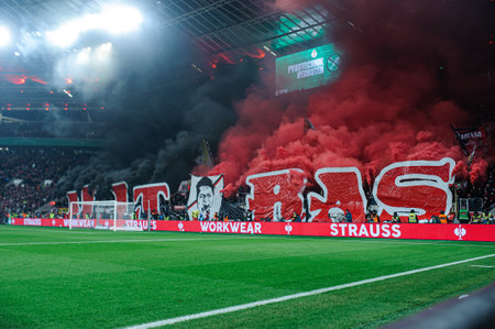 LEVERKUSEN, GERMANY - 5 FEBRUARY, 2025: - The match of Germany Cup (DFB Pokal) Bayer 04 Leverkusen vs 1.FC Koeln at BayArena.のeditorial素材
